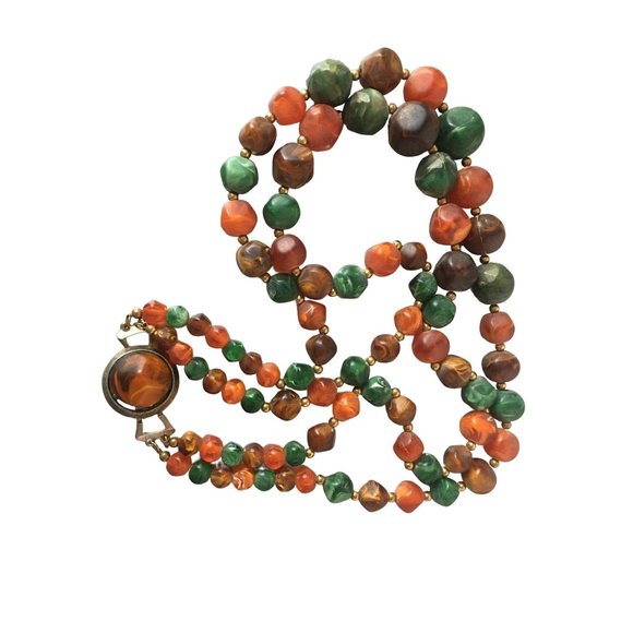 Orange Green Marbleized Beads Necklace Vintage Jewelry - Picture 3 of 7